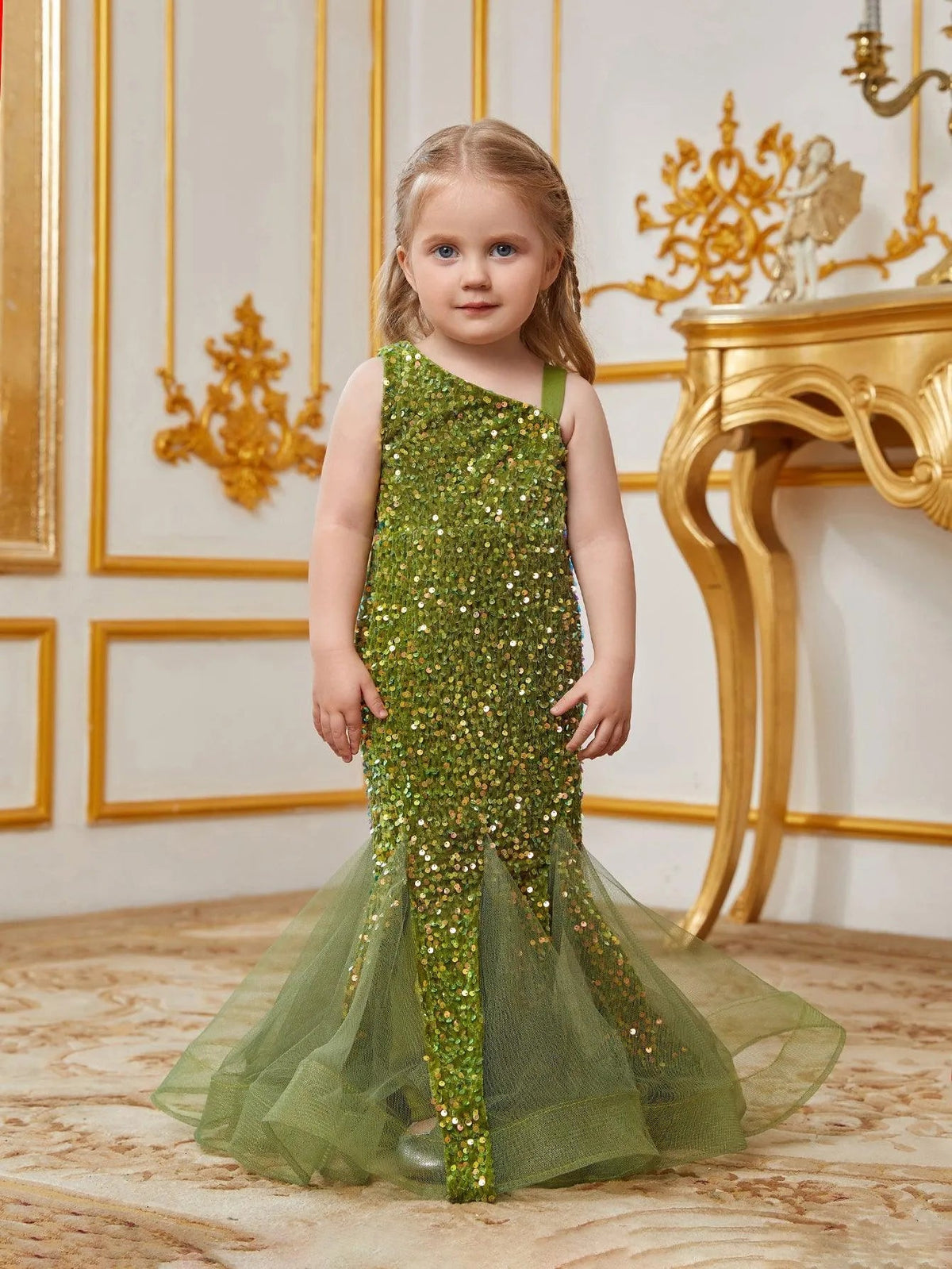 Mesh Insert Mermaid Hem One-Shoulder Sequin Sleeveless Young Girls' Party Dress in Olive Green