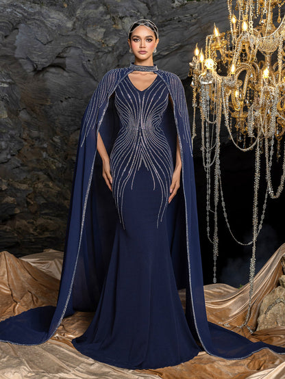 Elegant Two-Piece Evening Gown with Detachable Cape | Deep V-Neck Mermaid Dress & Opera Length Rhinestone Cape – view 3