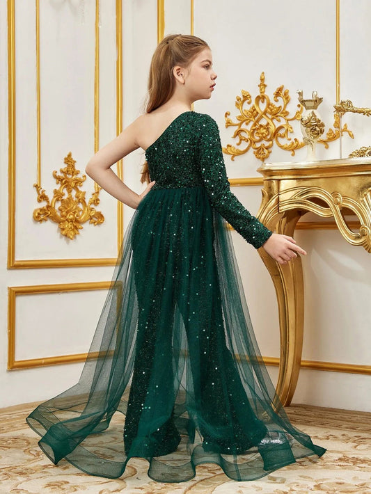 Tween Girls' One-Shoulder Sequin Long-Sleeve Jumpsuit — authorized product image 2