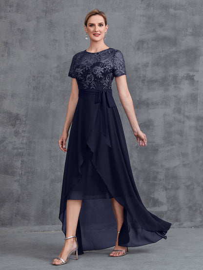Additional product view of Embroidered Sequin Bodice Asymmetrical Lace Boat-Neck Short-Sleeve Mother-of-the-Bride Dress