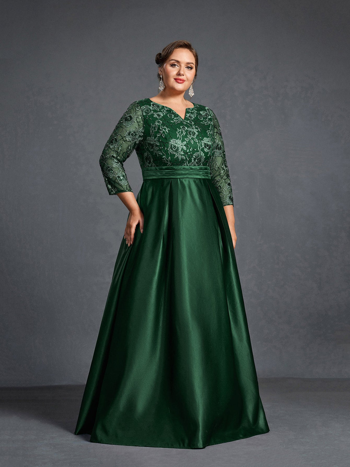 Additional product view of Plus-Size Satin V-Neck A-Line Sequin Mother-of-the-Bride Dress