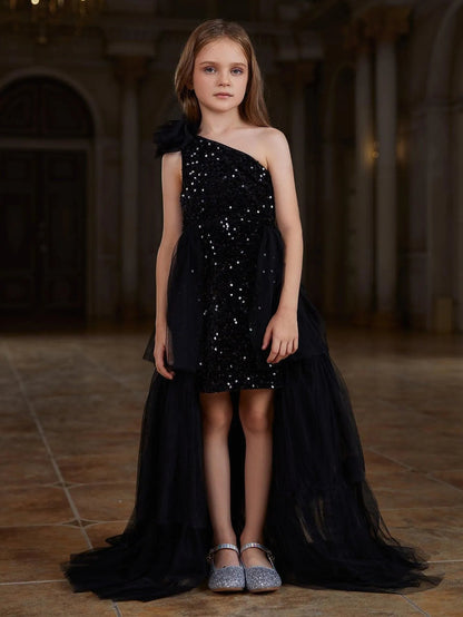 Additional product view of Layered Hem One-Shoulder Sequin A-Line Sleeveless Tween Girls' Party Dress