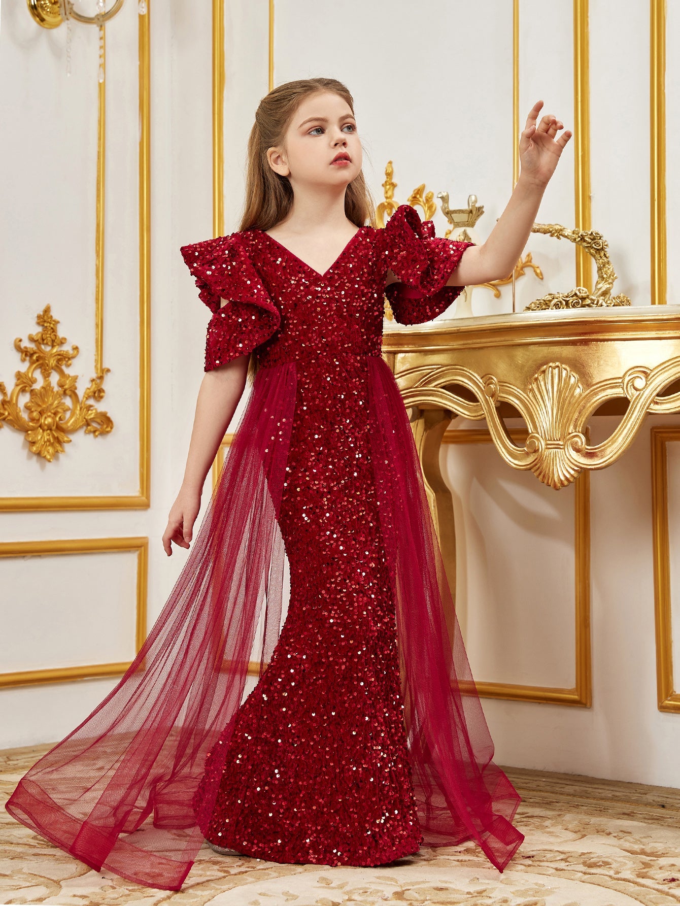 Mesh Overlay V-Neck Sequin Mermaid Short-Sleeve Tween Girls' Party Dress in Red