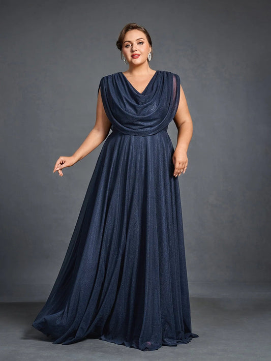 Plus Women's Cowl Neck Sleeveless A-Line Formal Dress