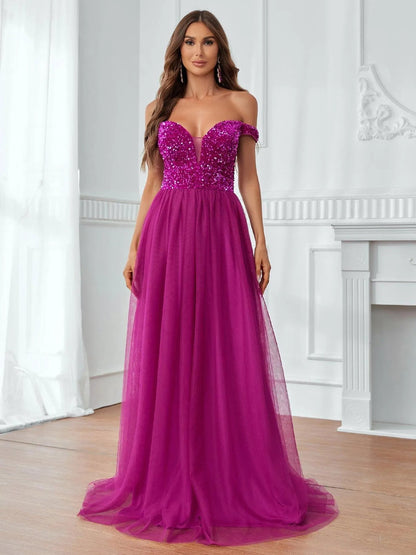 Additional product view of Contrast Mesh Sequin Bodice Off-Shoulder A-Line Short-Sleeve Evening Gown