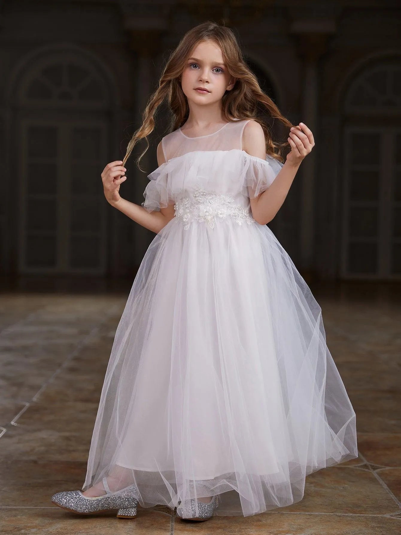 Tween Girls' Round Neck Tulle Short-Sleeve A-Line Formal Gown — authorized product image 6