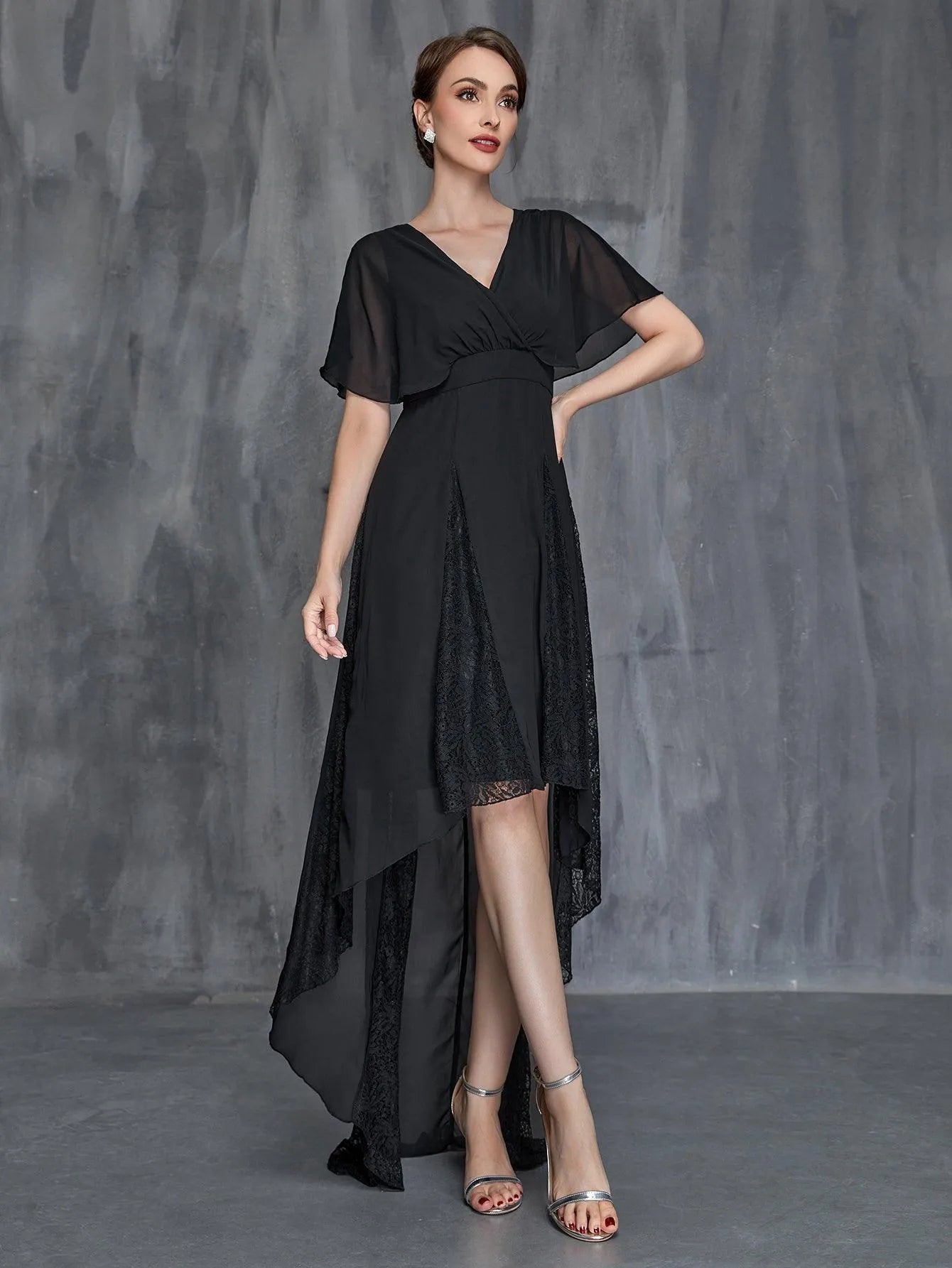 Mother-of-the-Bride V-Neck Chiffon Short-Sleeve A-Line Evening Gown — authorized product image 1