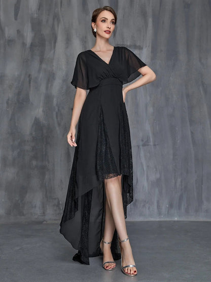 Mother-of-the-Bride V-Neck Chiffon Short-Sleeve A-Line Evening Gown — authorized product image 1