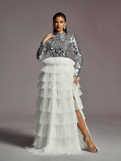 Additional product view of Layered Hem Sequin Bodice Tulle Mock-Neck Long-Sleeve Wedding Dress