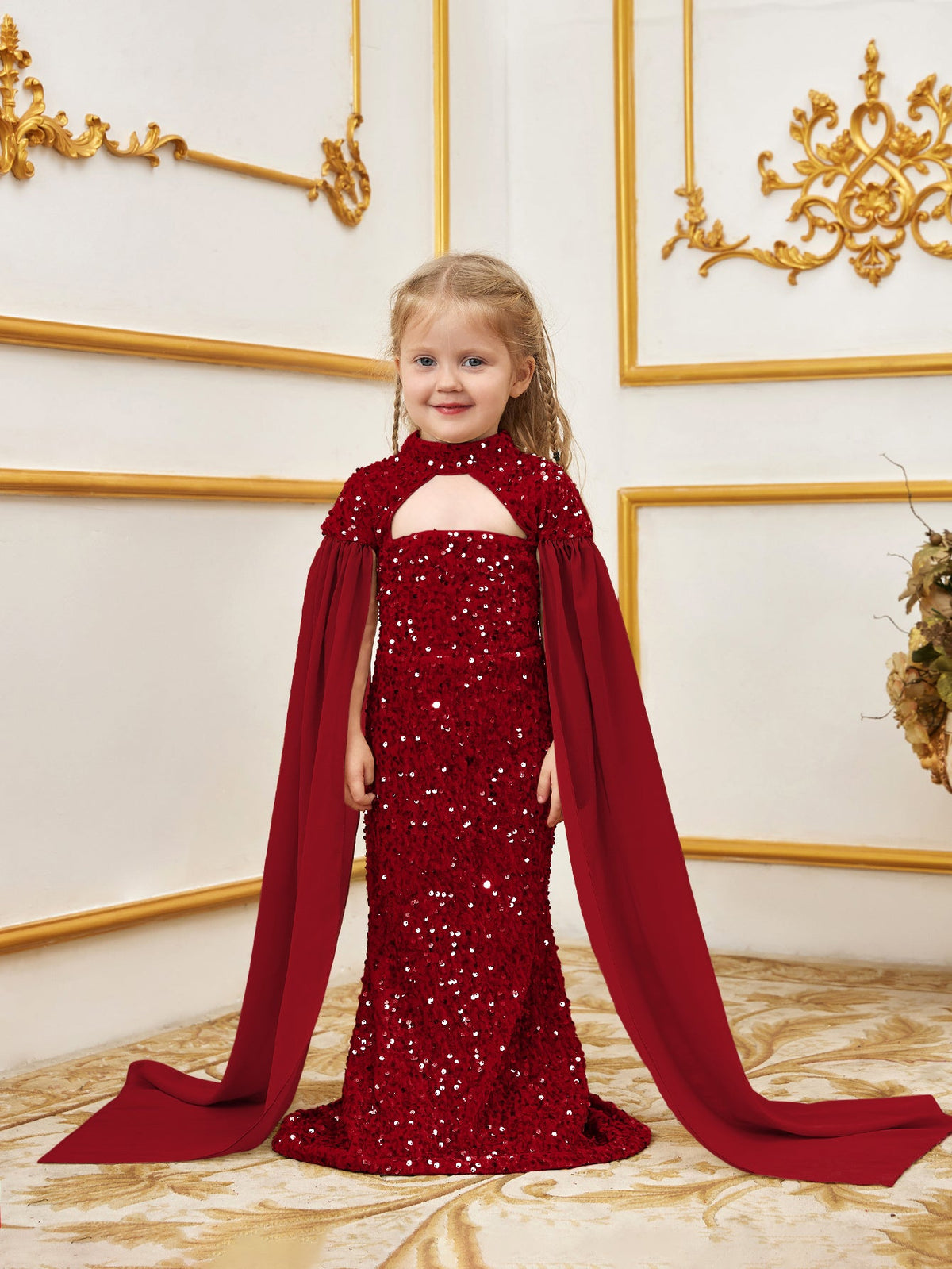 Alternate view of Cape-Sleeve Mock-Neck Sequin Mermaid Maxi Young Girls' Party Dress in Red