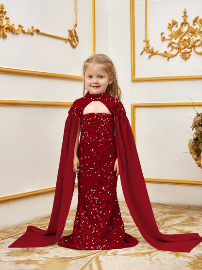 Alternate view of Cape-Sleeve Mock-Neck Sequin Mermaid Maxi Young Girls' Party Dress in Red