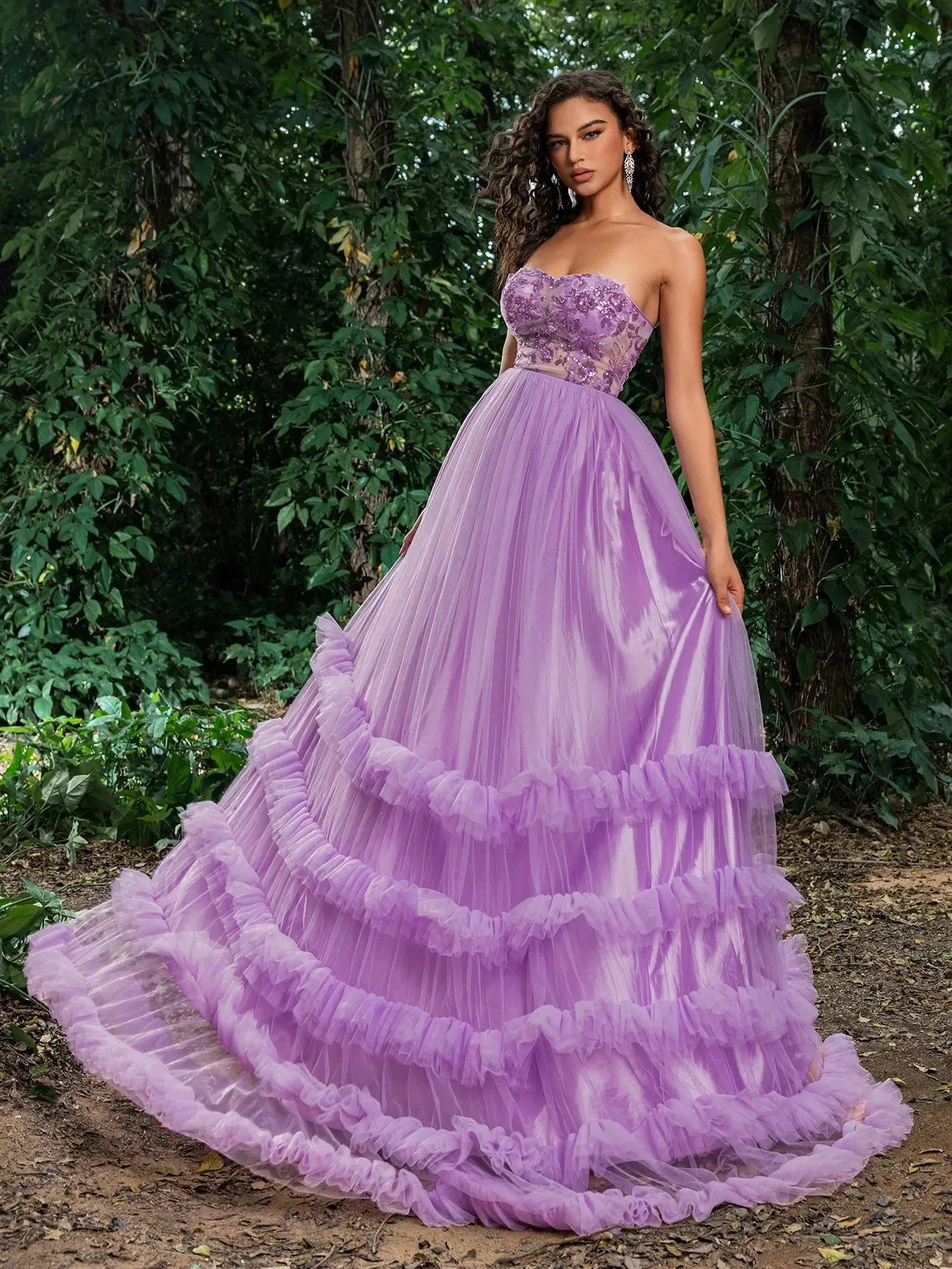 Floral Sequin Bodice Cascading Ruffle Hem Tulle Prom Dress — authorized product image 5