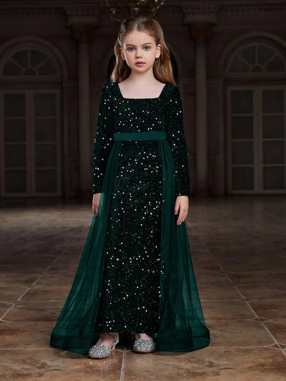 Additional product view of Square-Neck Sequin Mermaid Long-Sleeve Maxi Tween Girls' Party Dress