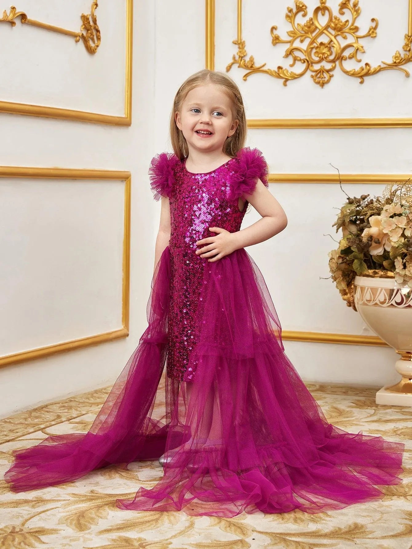 Additional product view of Layered Hem Sequin A-Line Sleeveless Mesh Young Girls' Party Dress