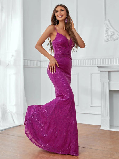 Elegant Plunging Neck Ruched Front Sequin Cami Dress – view 5