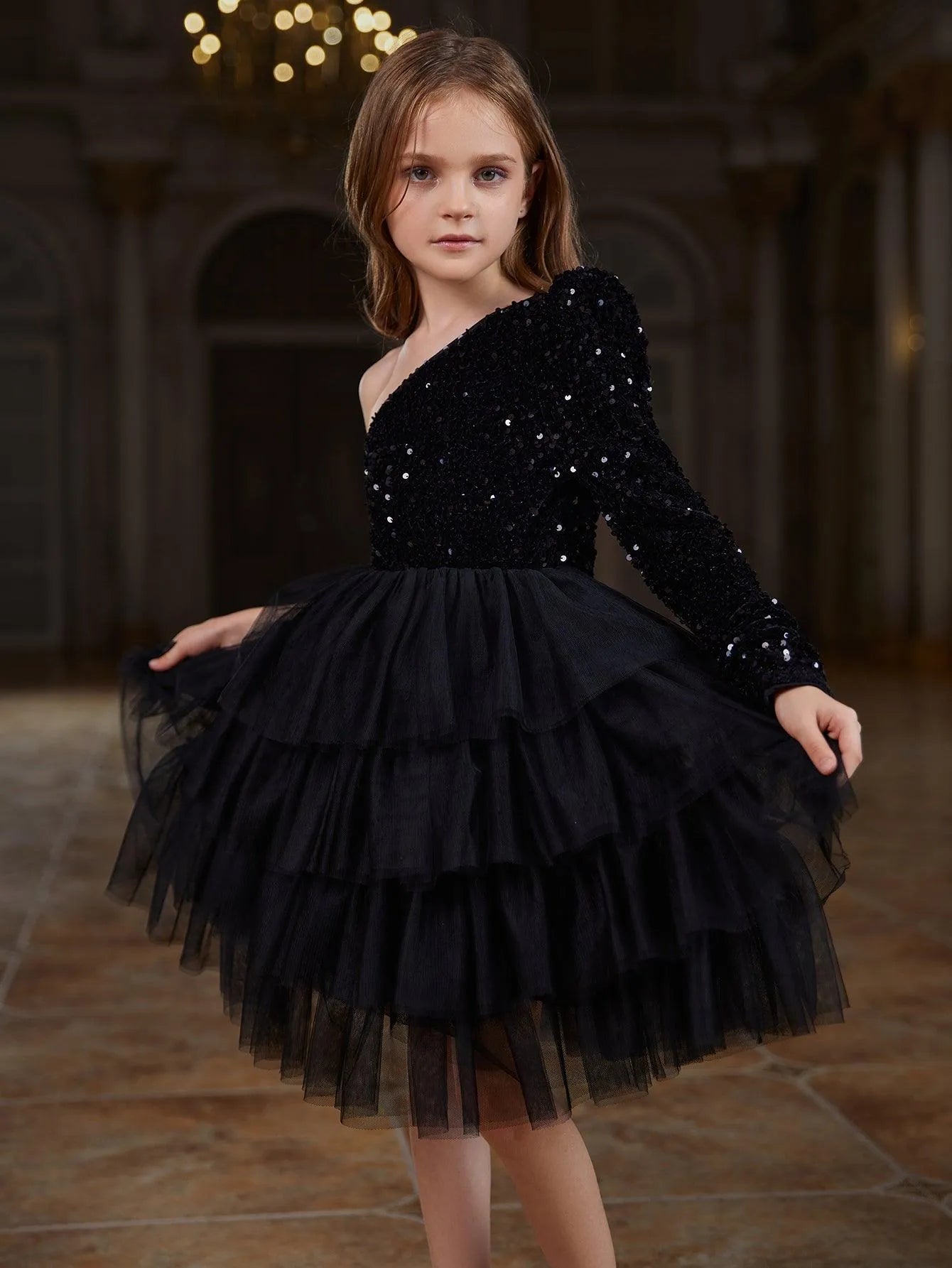 One-Shoulder Sequin A-Line Mesh Midi Tween Girls' Party Dress in Black