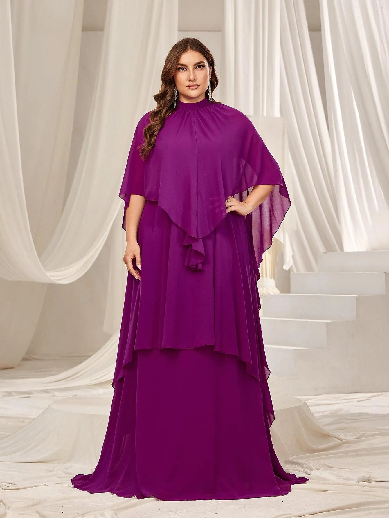 Plus Mock Neck Layered Hem Chiffon Evening Dress