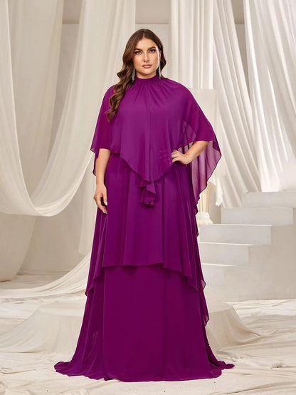 Plus Mock Neck Layered Hem Chiffon Evening Dress