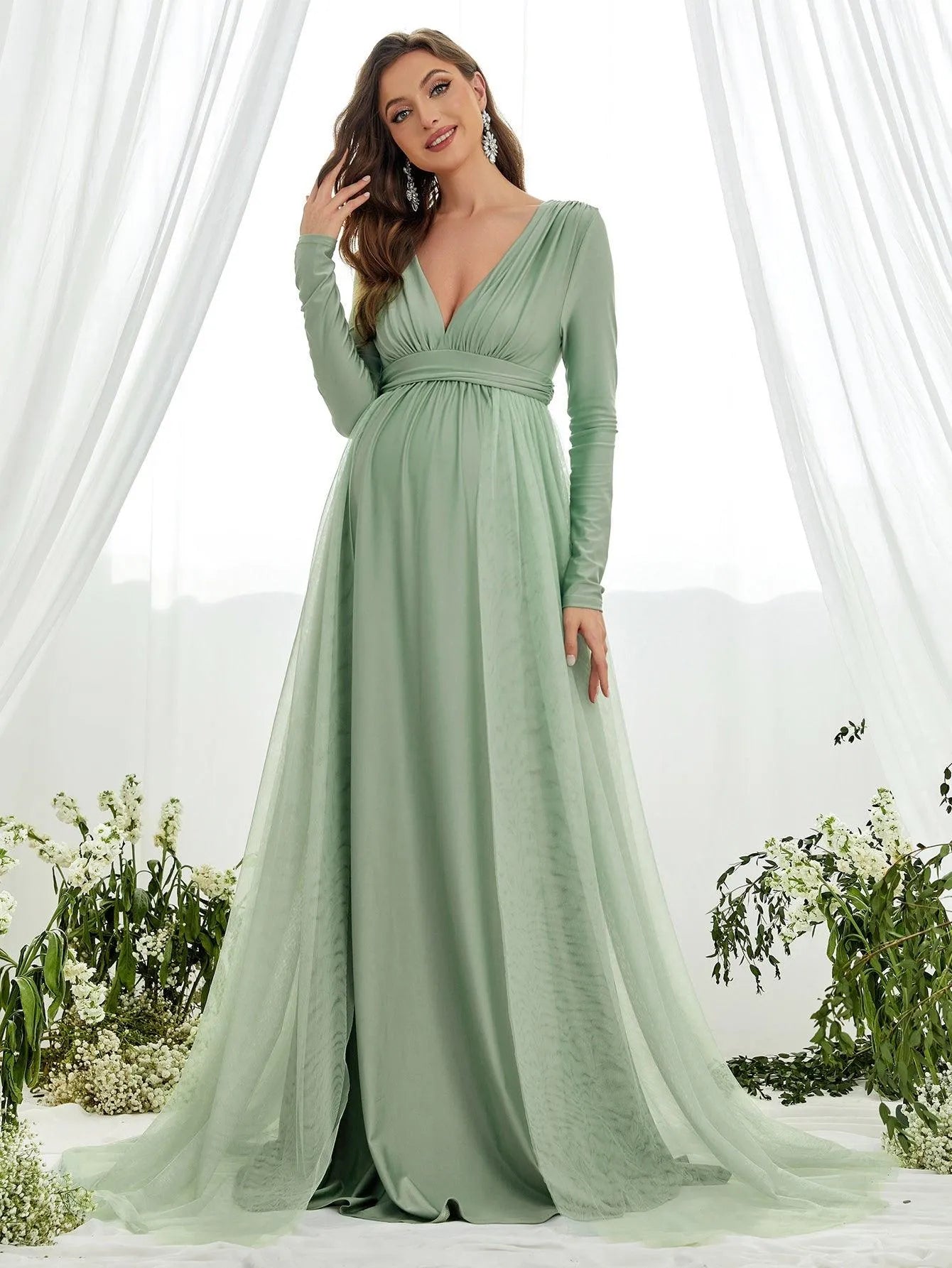 Additional product view of Contrast Mesh Plunging-Neck V-Neck Knit A-Line Maternity Evening Dress