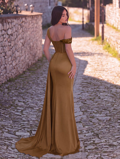 Elegant Asymmetrical Neck Split Mermaid Hem Satin Evening Dress