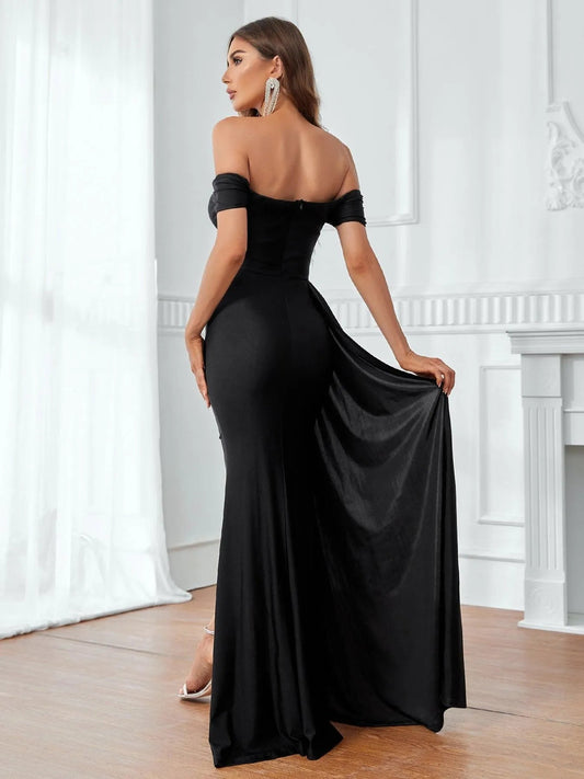Off-Shoulder Short Sleeve Draped Side Slit Party Dress – view 2