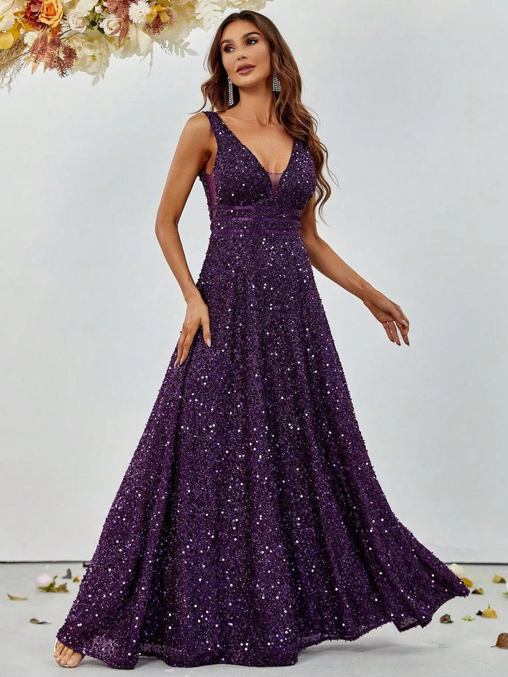 Elegant Deep V Neck Sequin A Line Prom Dresses - Elonnashop