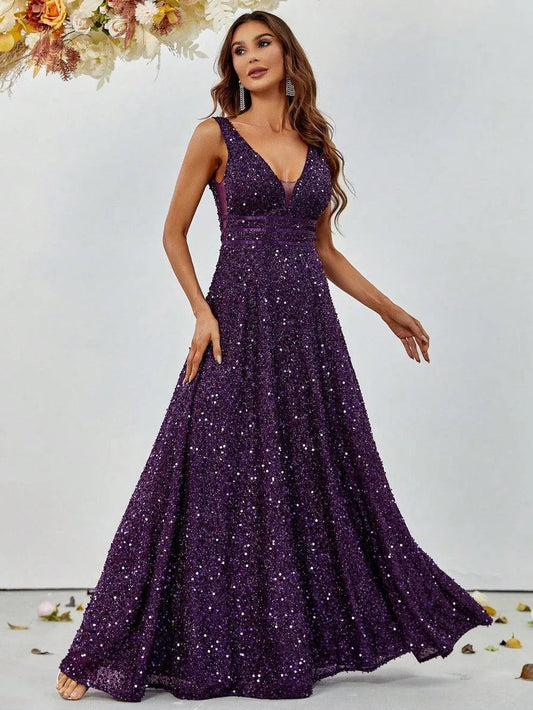 Elegant Deep V Neck Sequin A Line Prom Dresses - Elonnashop