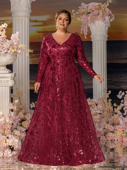 Plus-Size V-Neck Lace Mother of the Bride Gown with Long Sleeves in Burgundy