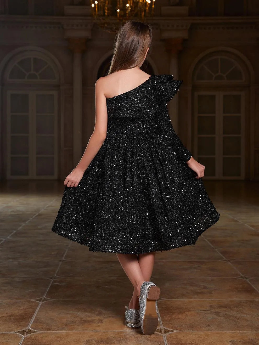 Additional product view of Ruffle Trim One-Shoulder Sequin A-Line Midi Tween Girls' Party Dress