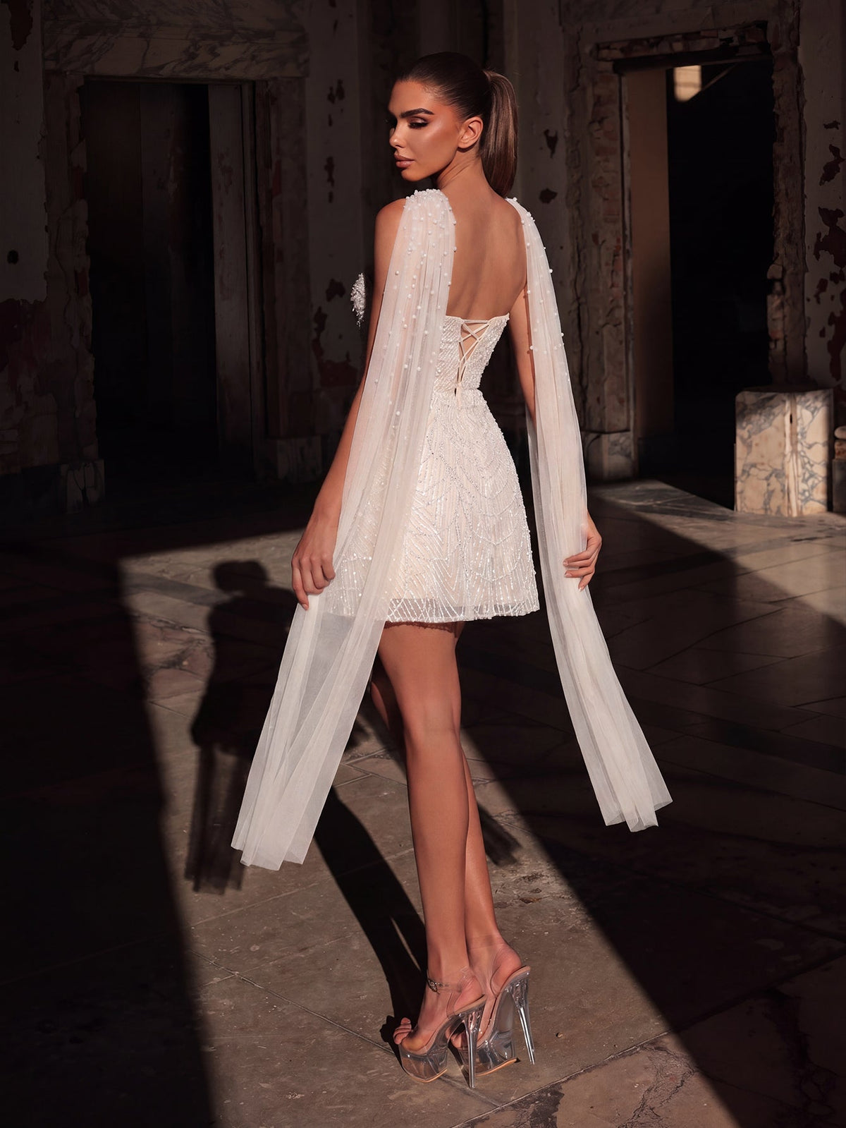 Champagne sequin sweetheart neck mini dress, full view