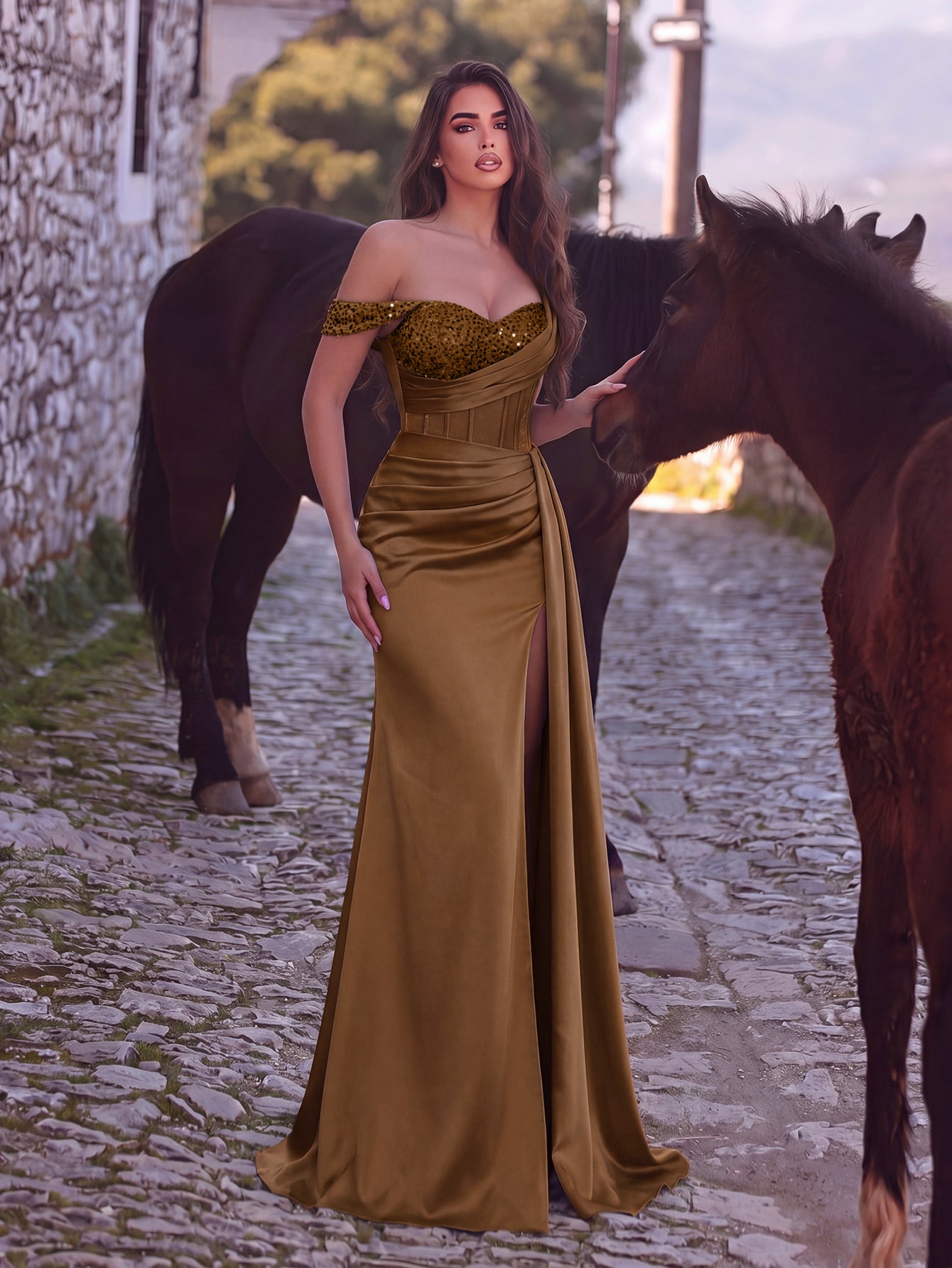 Elegant Asymmetrical Neck Split Mermaid Hem Satin Evening Dress