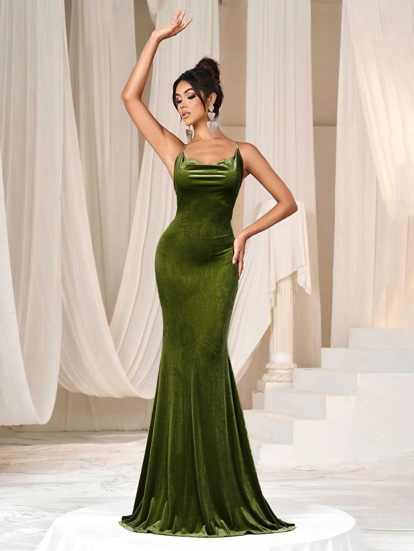 Alternate view of Cami Strap Velvet Backless Mermaid Sleeveless Evening Gown in Olive Green