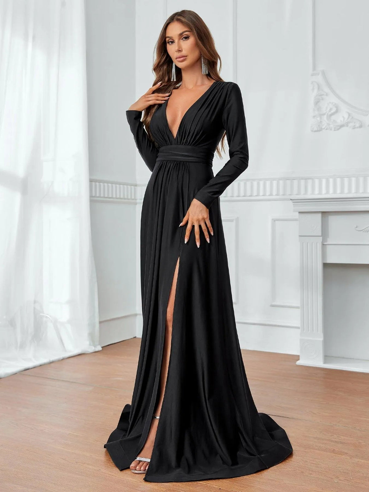 Additional product view of Plunging-Neck V-Neck Knit High-Slit A-Line Evening Gown