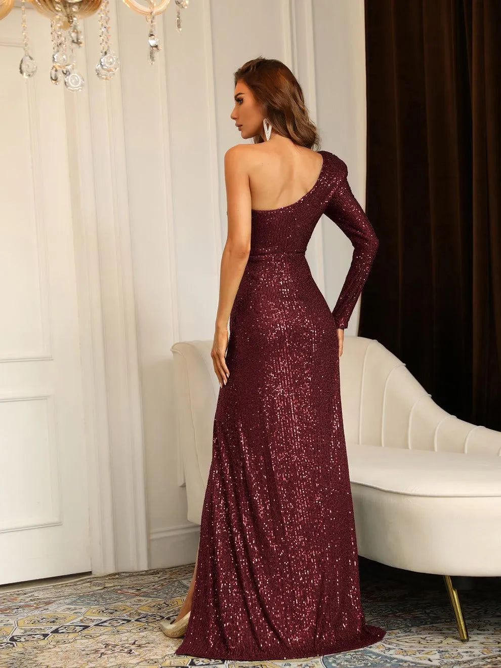 Additional product view of High-Slit One-Shoulder Sequin Sheath Maxi Evening Gown