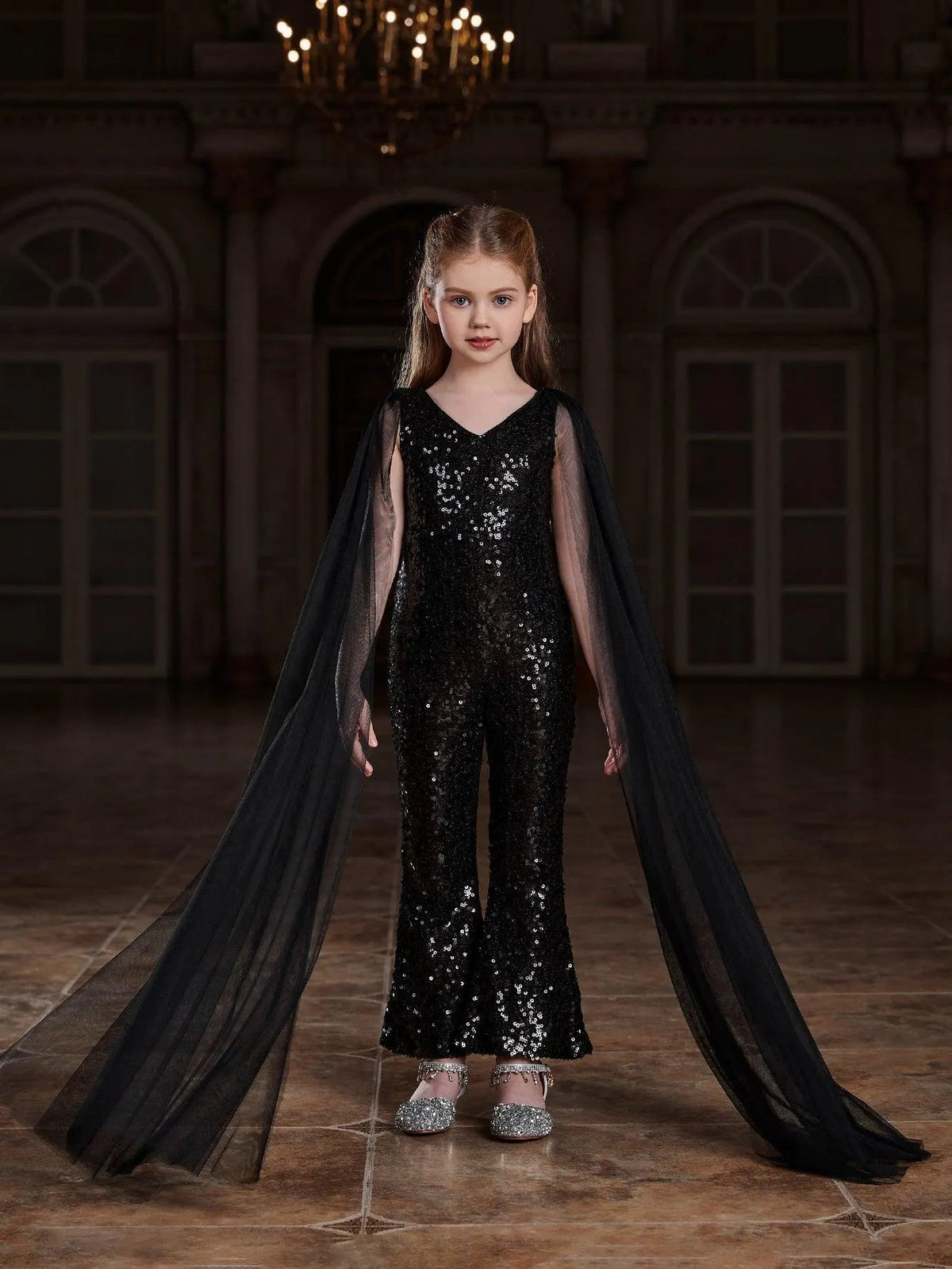 Additional product view of Cloak-Sleeve V-Neck Sequin Tween Girls' Party Jumpsuit