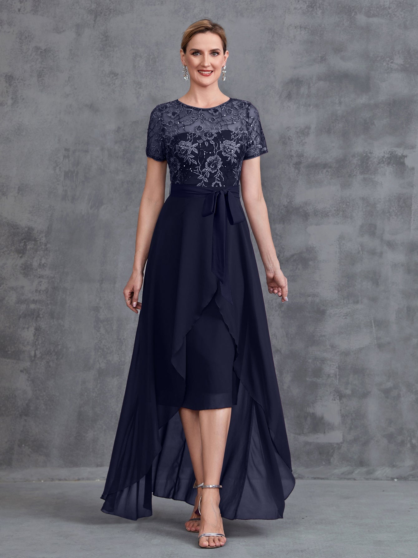 Additional product view of Embroidered Sequin Bodice Asymmetrical Lace Boat-Neck Short-Sleeve Mother-of-the-Bride Dress