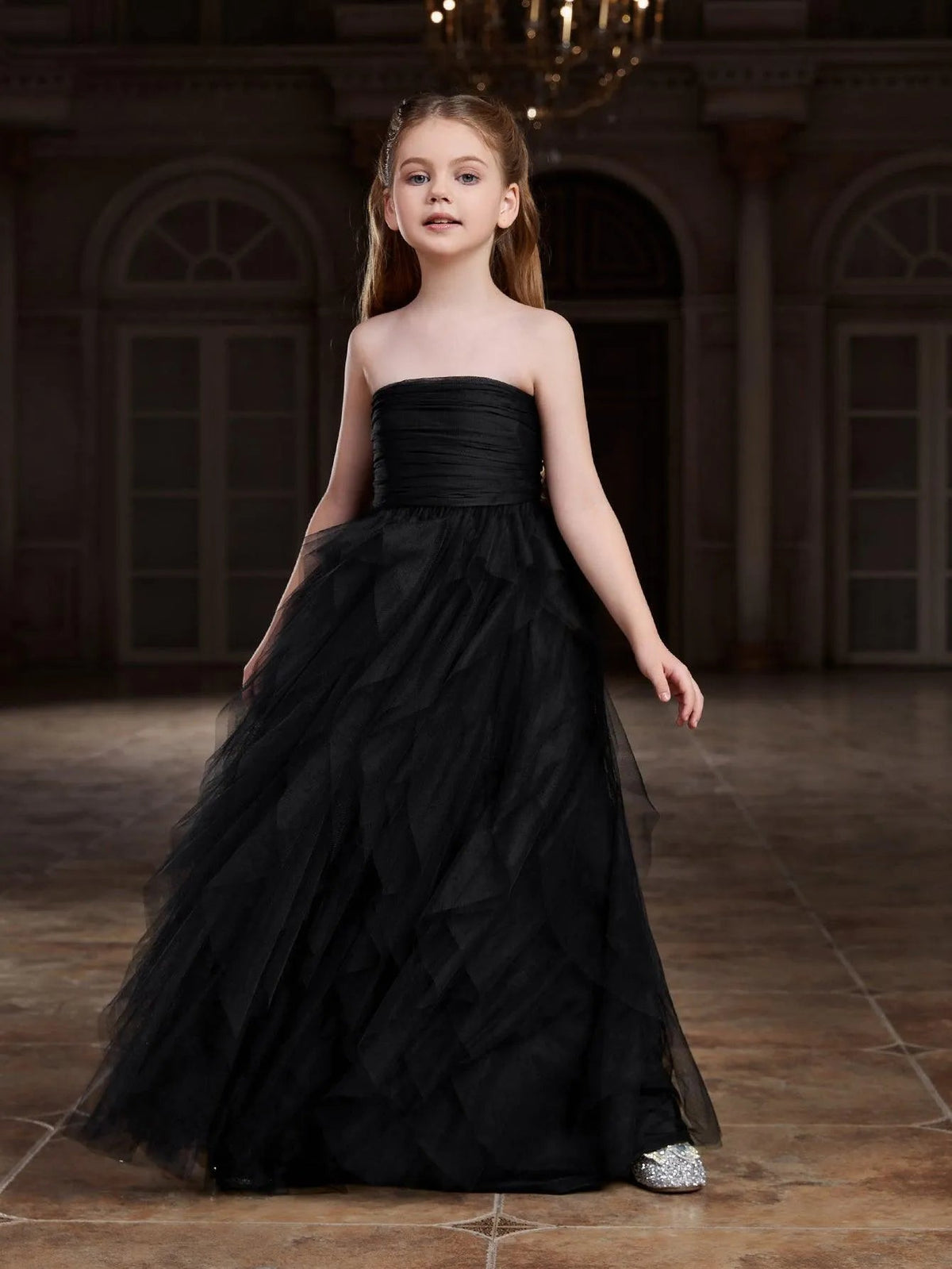 Additional product view of Layered Hem Strapless A-Line Sleeveless Mesh Tween Girls' Party Dress