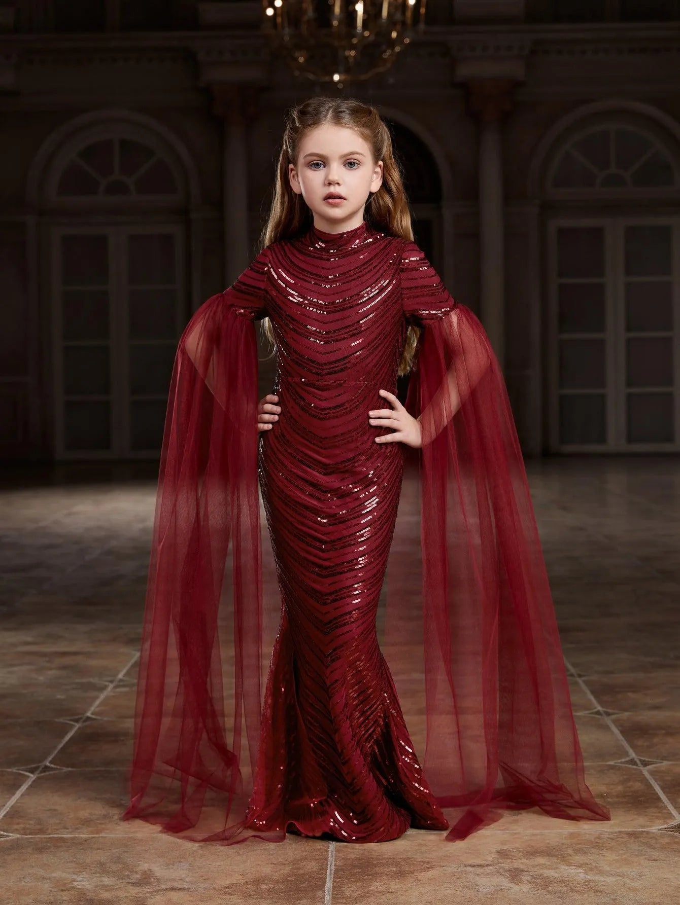 Tween Girls' High Neck Sequin Cape Mermaid Formal Gown — authorized product image 9