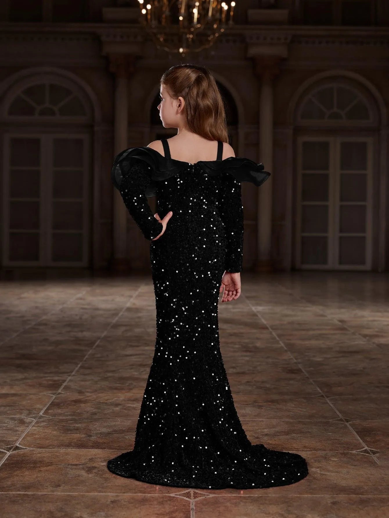 Additional product view of Ruffle Trim Off-Shoulder Sequin Mermaid Long-Sleeve Tween Girls' Party Dress