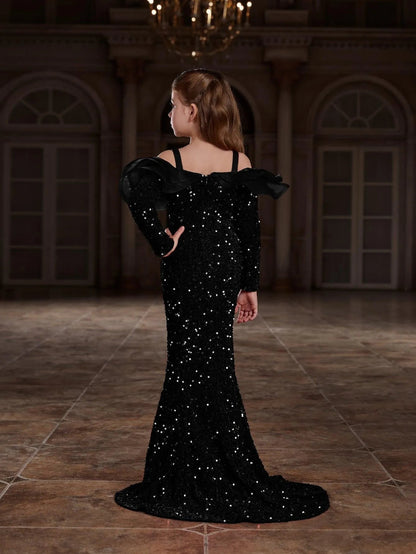 Additional product view of Ruffle Trim Off-Shoulder Sequin Mermaid Long-Sleeve Tween Girls' Party Dress