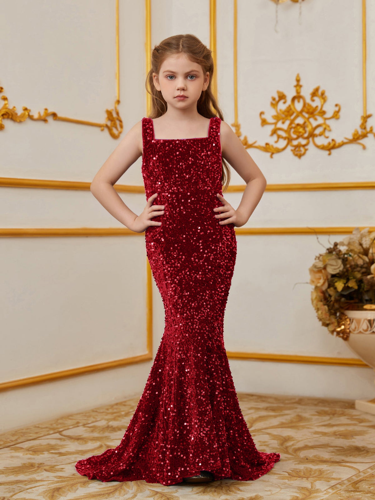 Alternate view of Mermaid Hem Square-Neck Sequin Sleeveless Maxi Tween Girls' Party Dress in Red