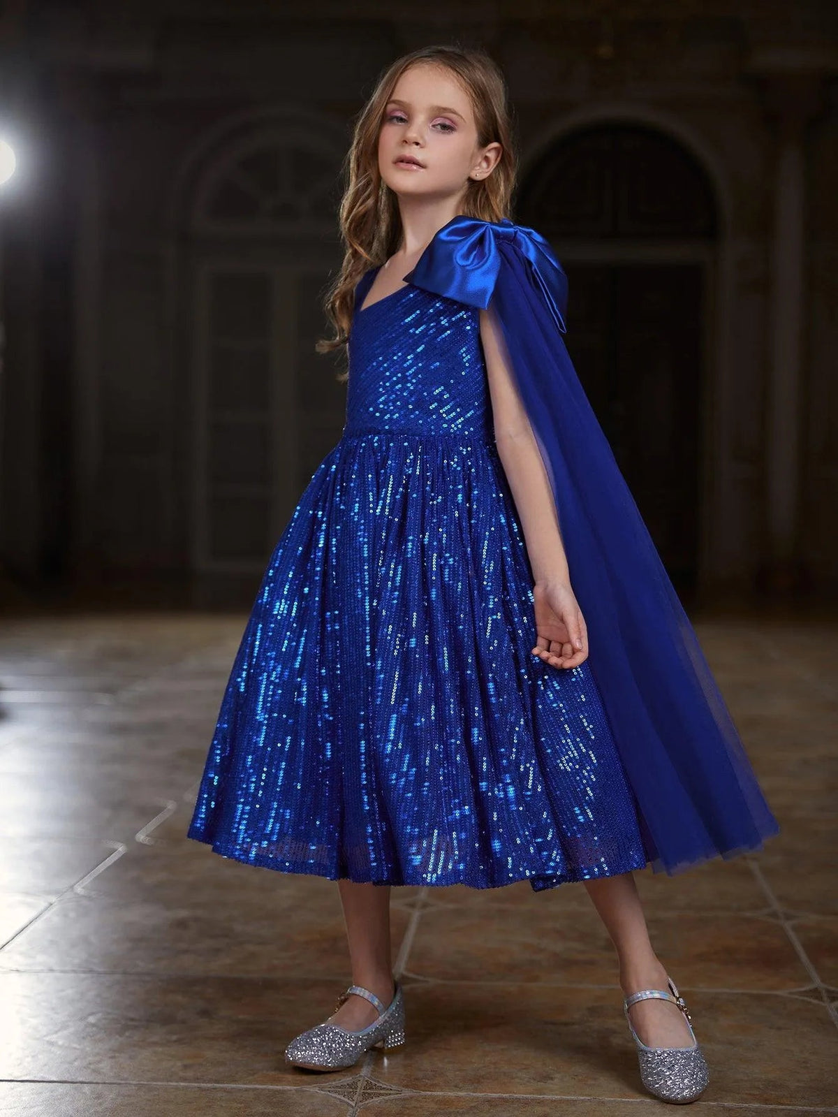Additional product view of Draped Side Bow Detail One-Shoulder Sequin A-Line Tween Girls' Party Dress