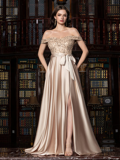 Elegant Off-Shoulder Evening Gown with Sequin Embellishments – High Slit Satin Skirt & Back Zipper for Luxury Weddings or Evening Glam, XS-XL