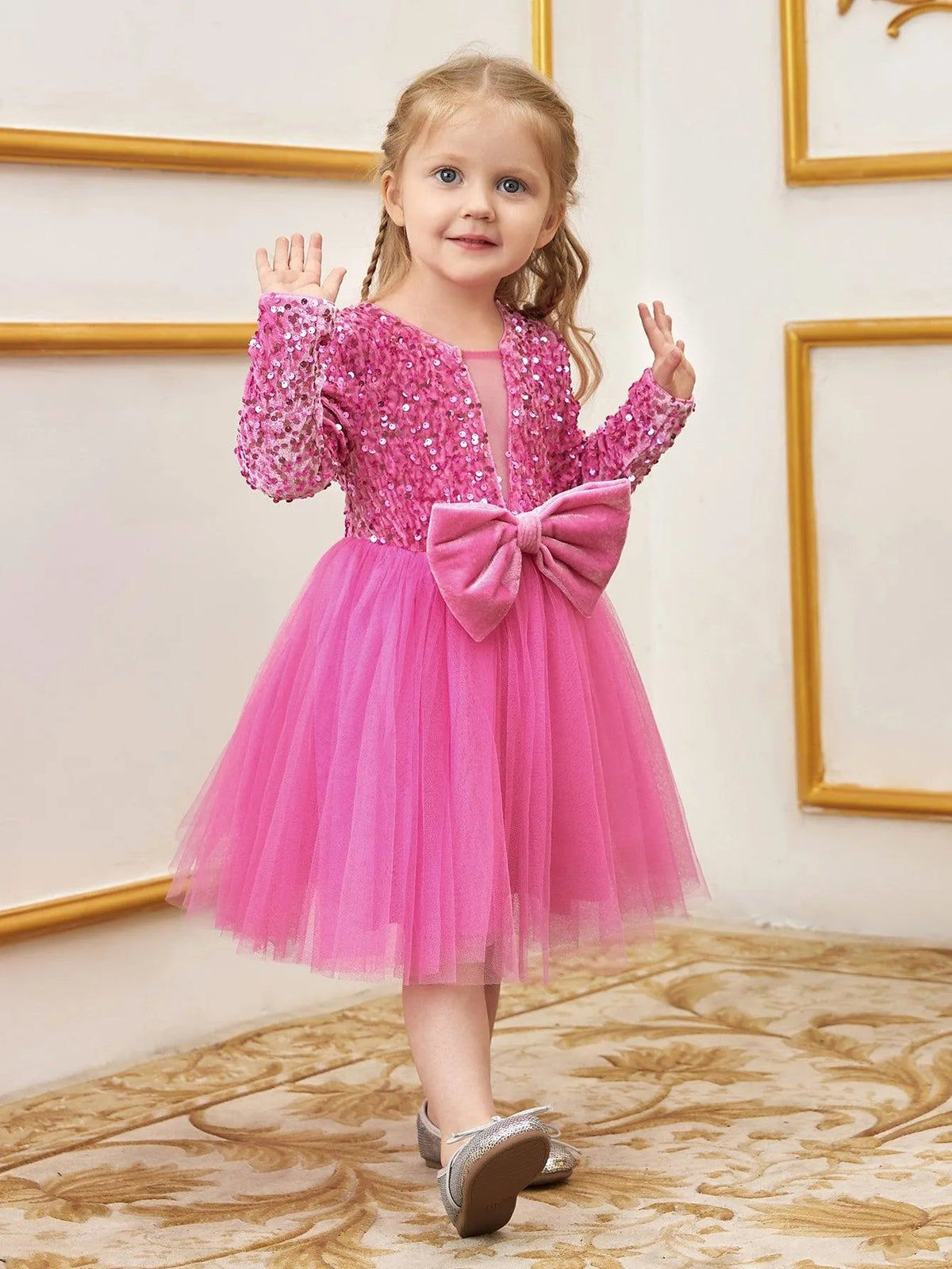 Additional product view of Bow-Front Sequin A-Line Long-Sleeve Mesh Young Girls' Party Dress