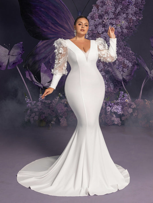 Plus-Size V-Neck Appliqué Long-Sleeve Mermaid Wedding Gown — authorized product image 1