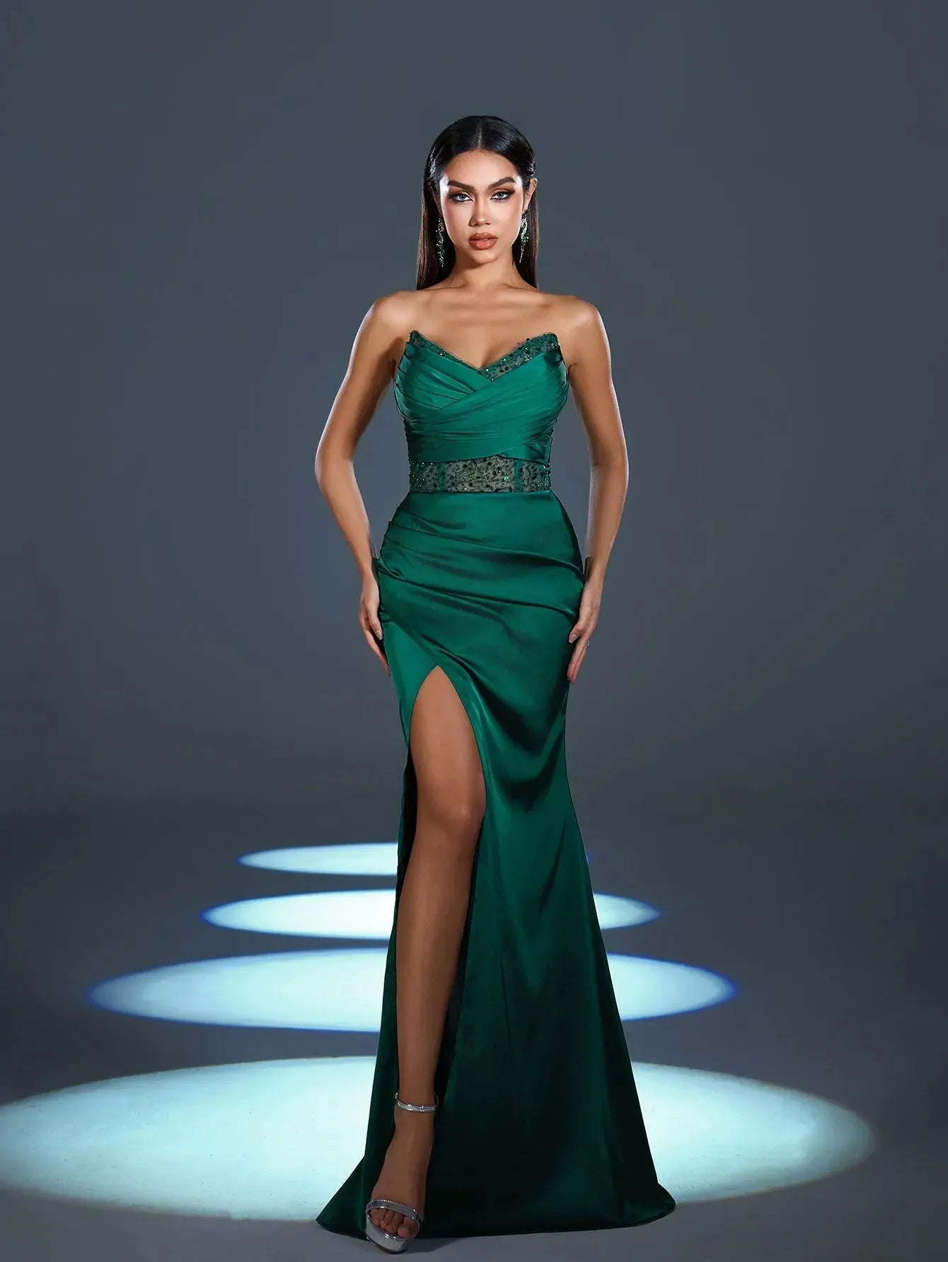 High-Slit Strapless Satin Sequin Mermaid Evening Gown in Dark Green