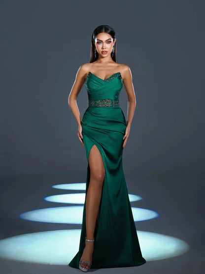 High-Slit Strapless Satin Sequin Mermaid Evening Gown in Dark Green