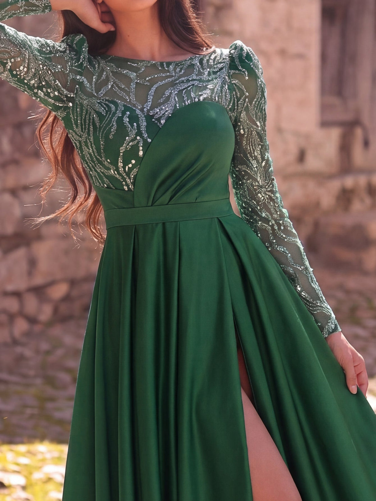 Elegant Women's Sequin Bodice Formal Gown | Long Sleeves | Full Flared Skirt