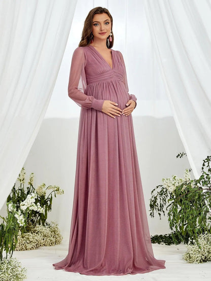 Additional product view of V-Neck Chiffon A-Line Long-Sleeve Maxi Maternity Evening Dress