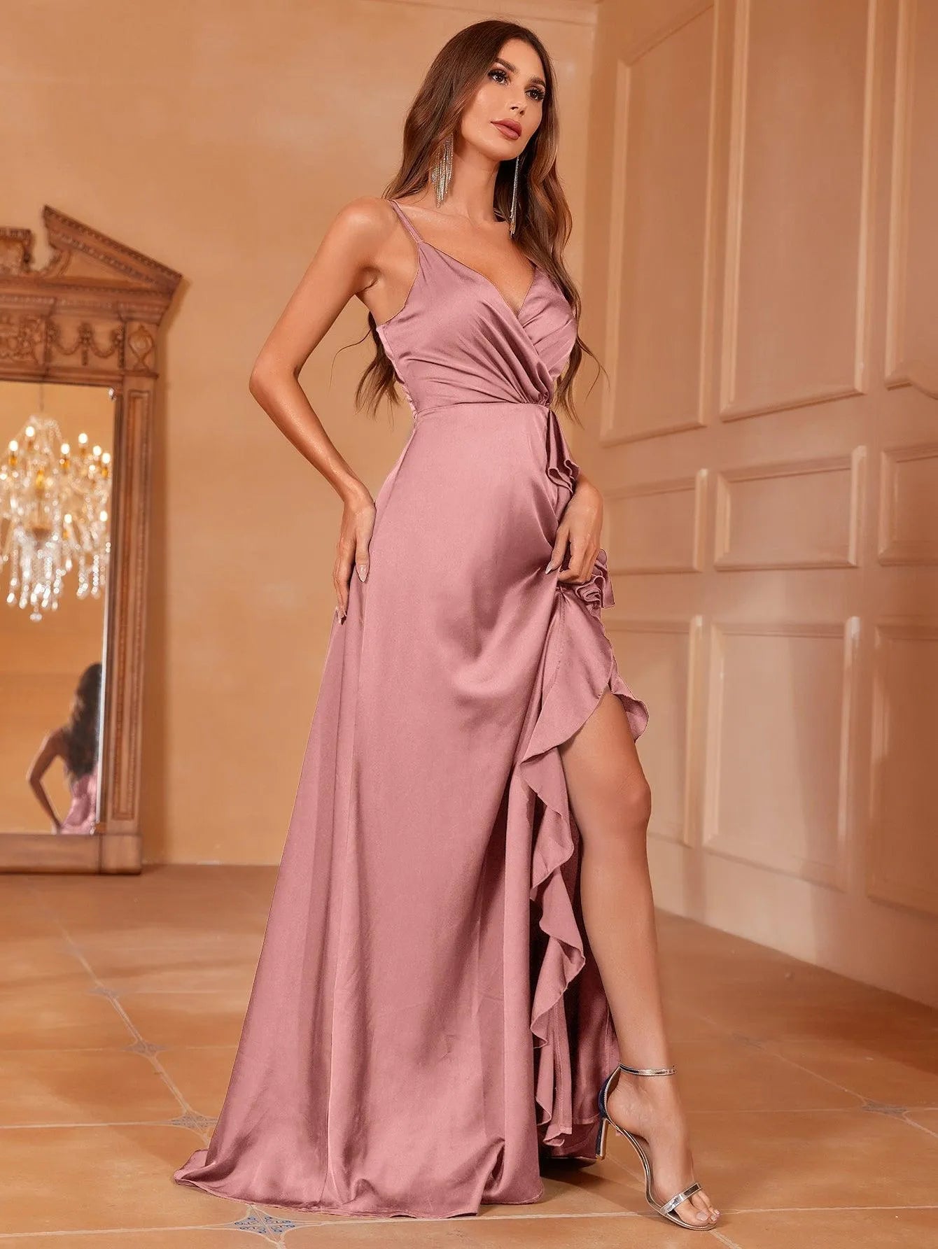 Additional product view of Ruffle Trim Cami Strap Satin High-Slit A-Line Evening Gown